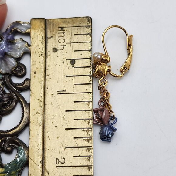 Vintage Dangle Blue Pink Flowers Faux Pearl Lever Back Earrings Feminine Dainty - Picture 6 of 6